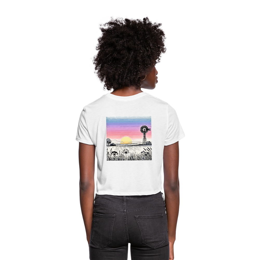 Women's Colored Prairie Landscape Graphic Cropped T-Shirt with Logo - white