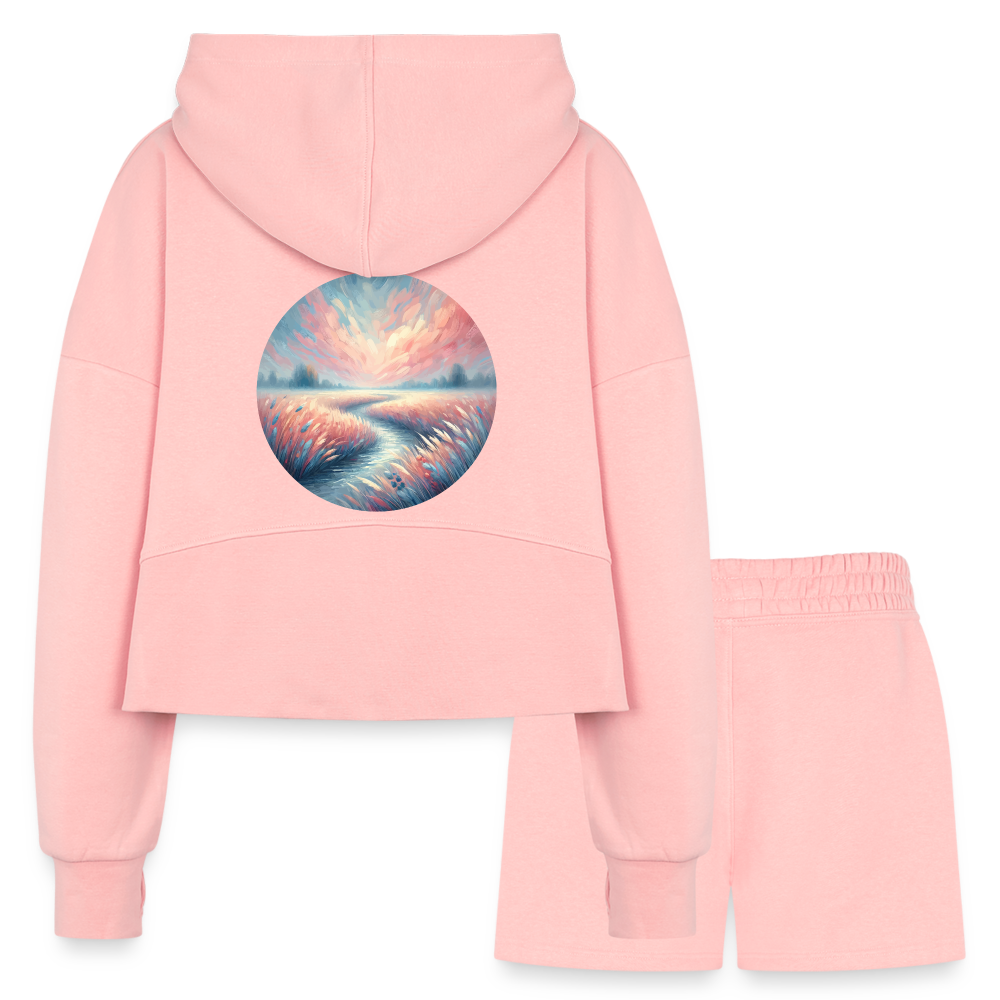 Women’s River Meadow Graphic Half Zip Cropped Hoodie & Jogger Short Set with Logo - light pink