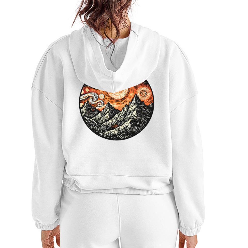 Women’s Orange Swirling Mountains Graphic Cropped Hoodie with Logo - white