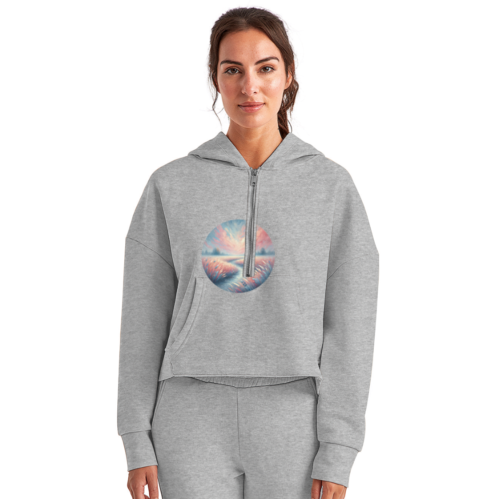 Women's River Meadow Graphic Half Zip Cropped Hoodie with Logo - heather gray