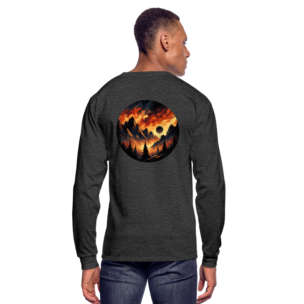 Men's Brushed Orange and Black Mountain Range Graphic Long Sleeve Shirt with Logo - heather black