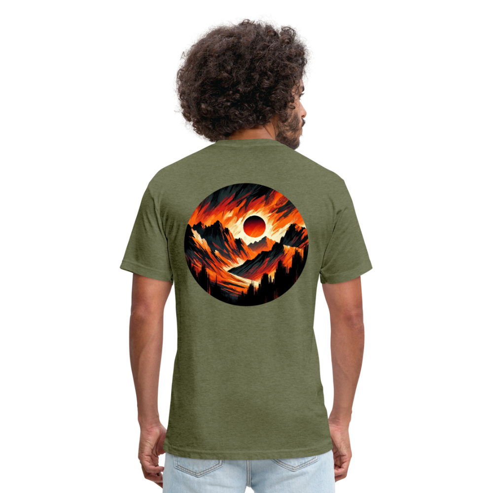 Orange and Black Mountain Range Graphic Unisex Fitted Cotton/Poly T-Shirt with Logo - heather military green