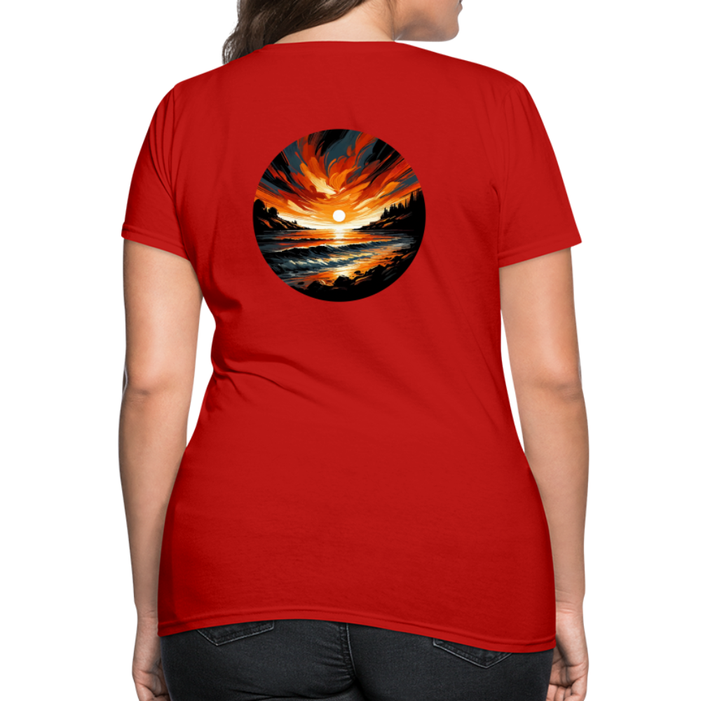 Women's Beach Sunset Graphic T-Shirt with Logo - red