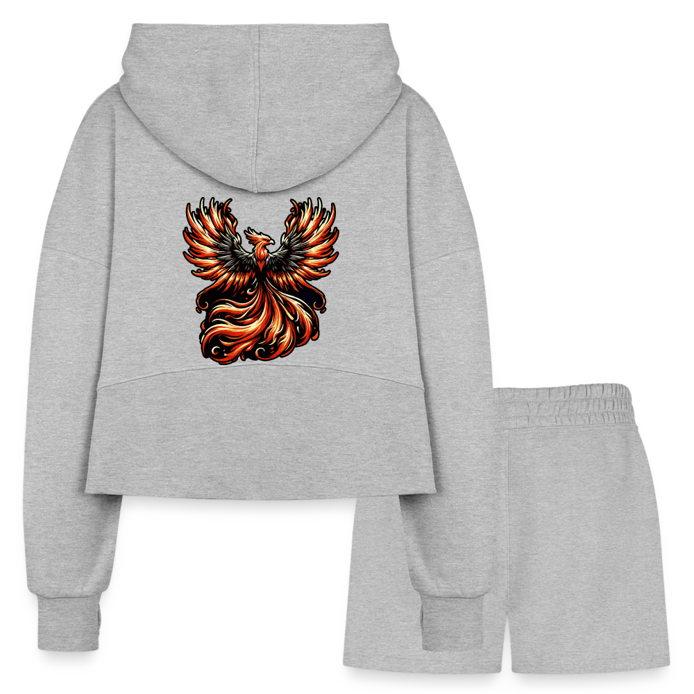 Women’s Phoenix Graphic Half Zip Cropped Hoodie & Jogger Short Set with Logo - heather gray