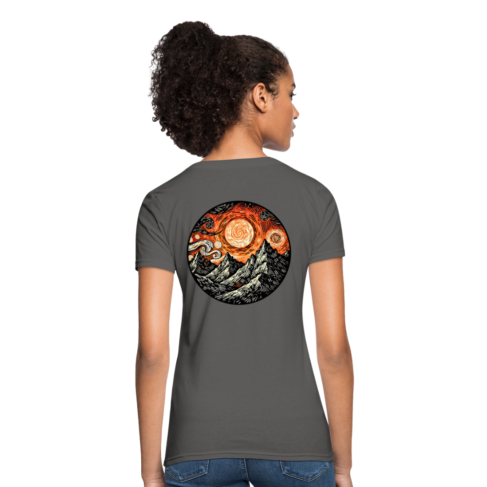 Women's Orange Swirling Mountains Graphic T-Shirt with Logo - charcoal