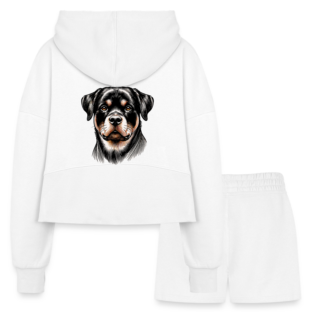 Women’s Fine Line Rottweiler Graphic Half Zip Cropped Hoodie & Jogger Short Set with Logo - white