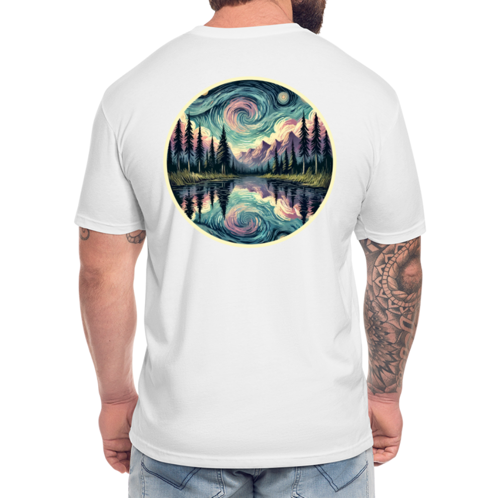 Purple Swirling Sky Reflected on Lake Graphic Unisex Fitted Cotton/Poly T-Shirt with Logo - white