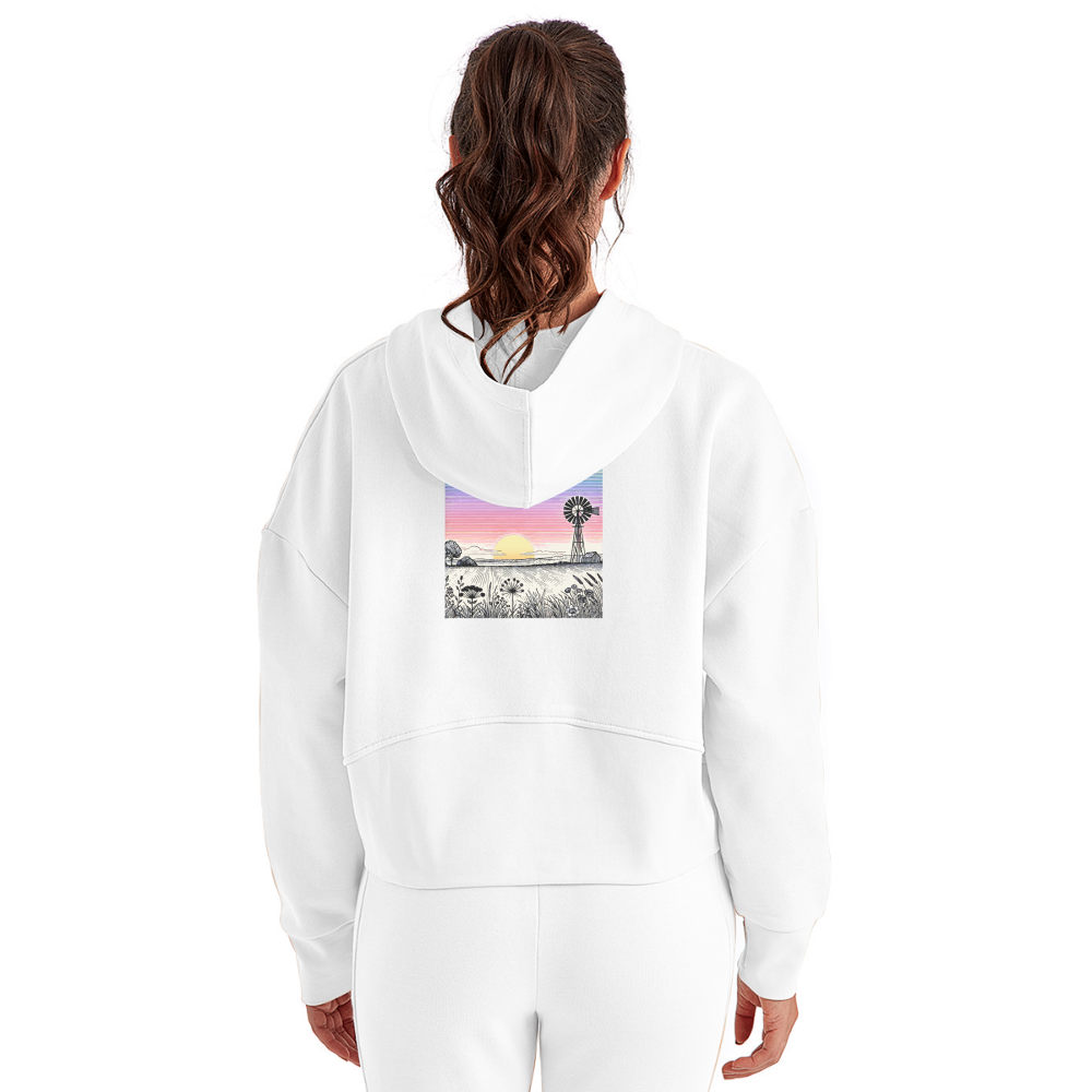 Women's Colored Prairie Landscape Graphic Half Zip Cropped Hoodie with Logo - white