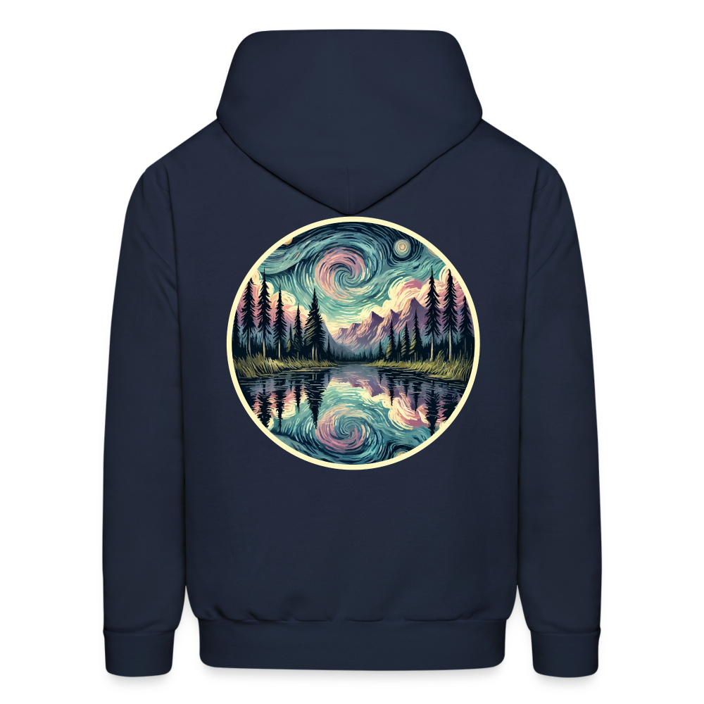 Men's Purple Swirling Sky Reflected on Lake Graphic Hoodie with Logo - navy