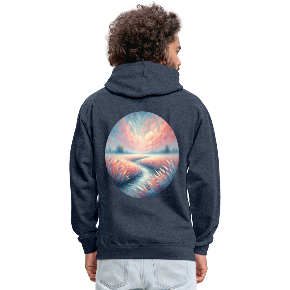 River Meadow Graphic Unisex Contrast Hoodie with Logo - indigo heather/asphalt