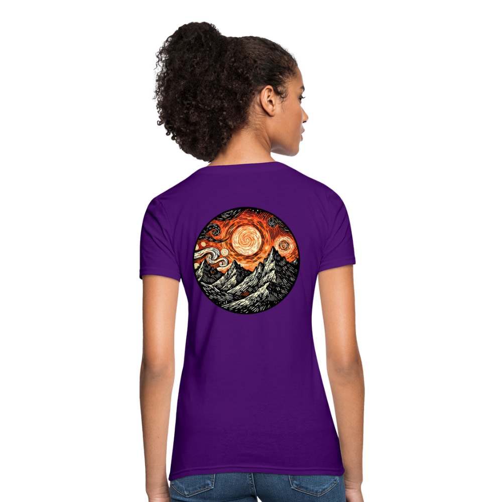 Women's Orange Swirling Mountains Graphic T-Shirt with Logo - purple