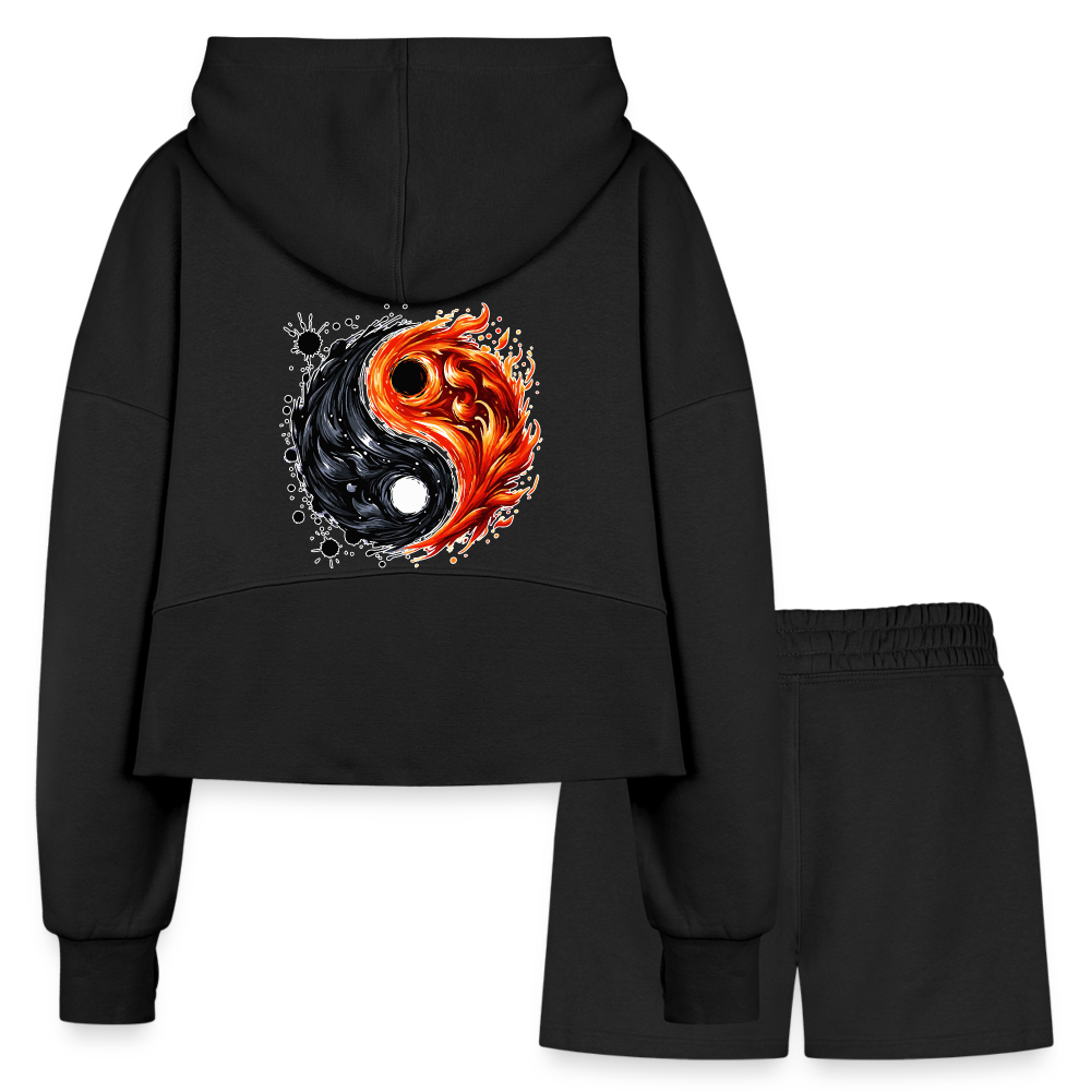 Women’s Official Ink and Ember  Yin and Yang Half Zip Cropped Hoodie & Jogger Short Set with Logo - black