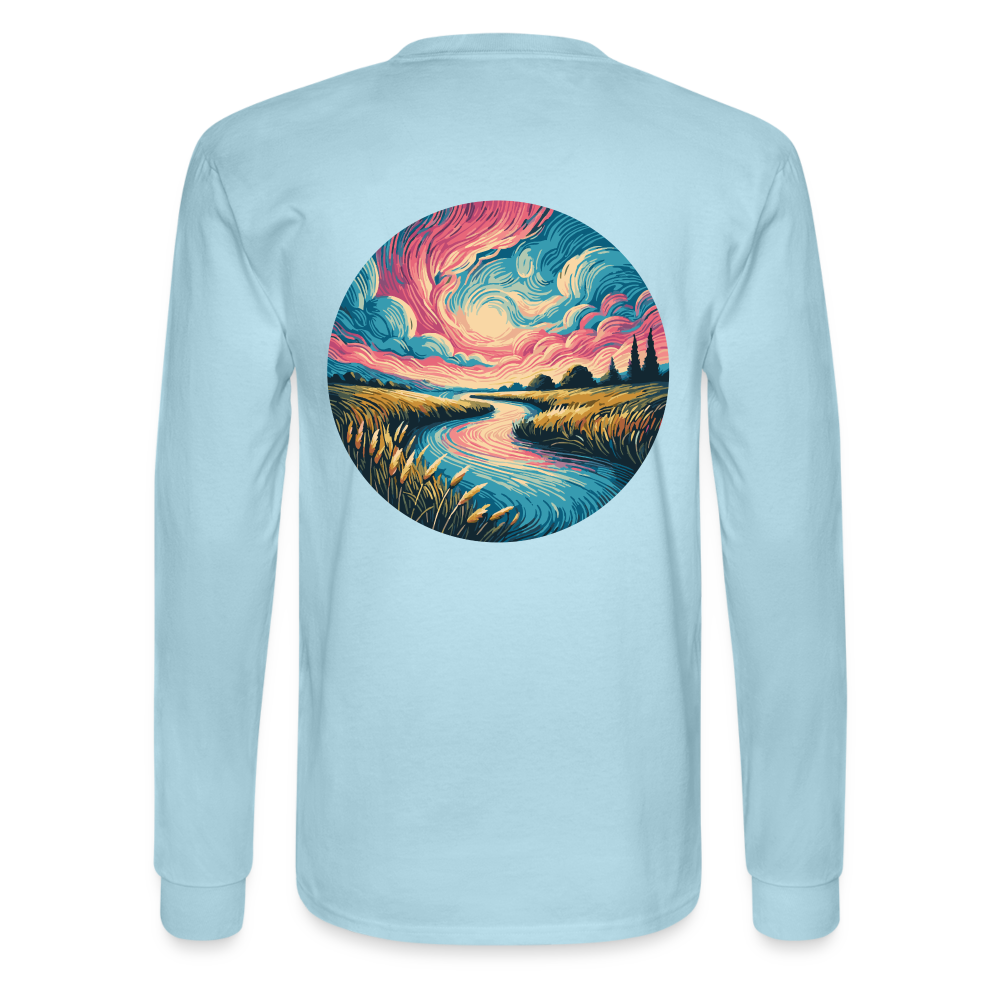 Men's River Pink and Blue Sky Graphic Long Sleeve Shirt with Logo - powder blue