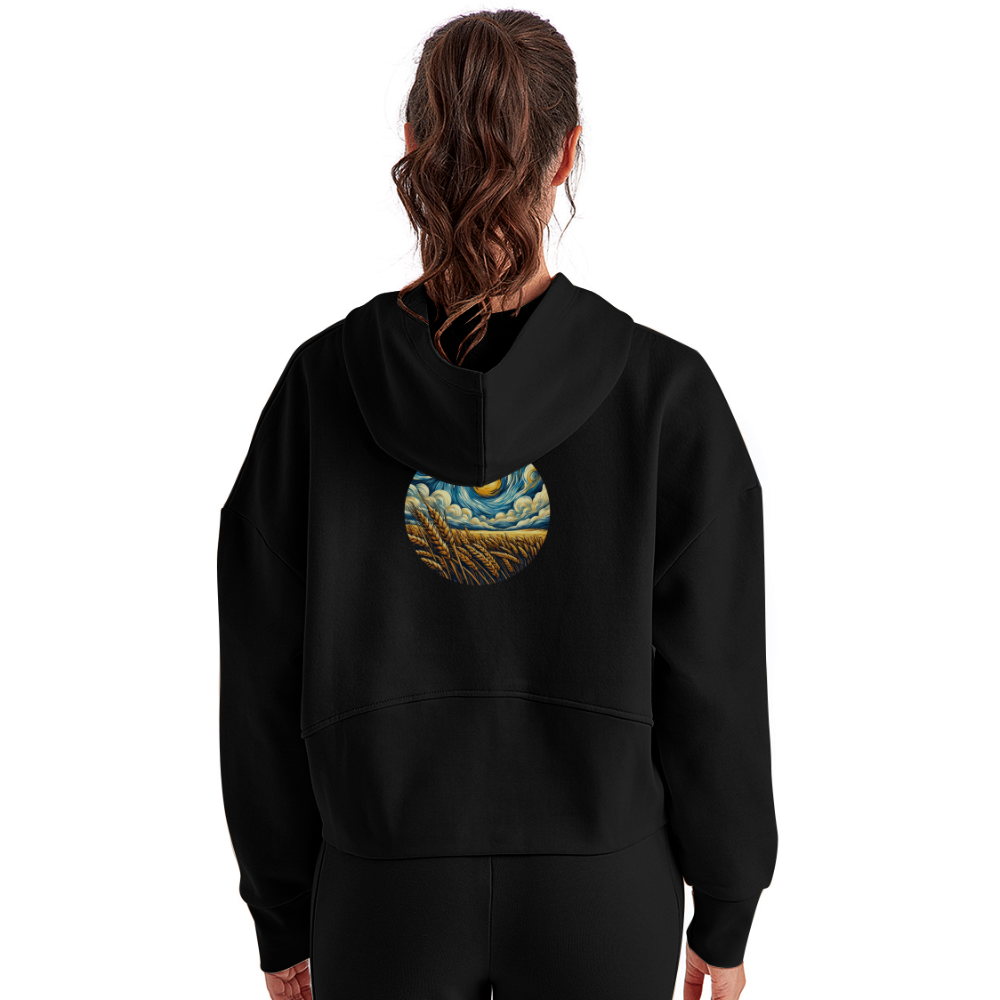 Women's Wheat Field Graphic Half Zip Cropped Hoodie with Logo - black