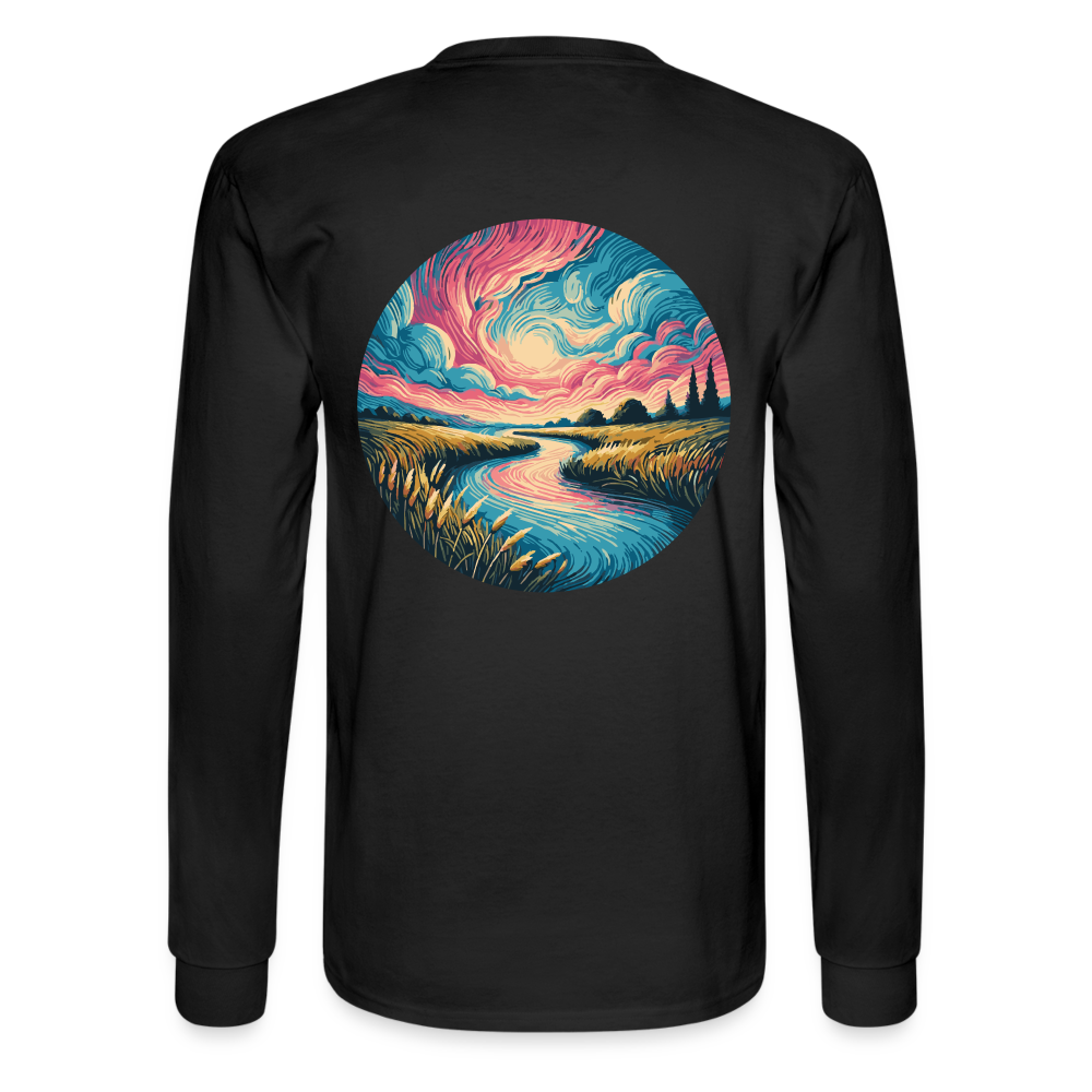 Men's River Pink and Blue Sky Graphic Long Sleeve Shirt with Logo - black