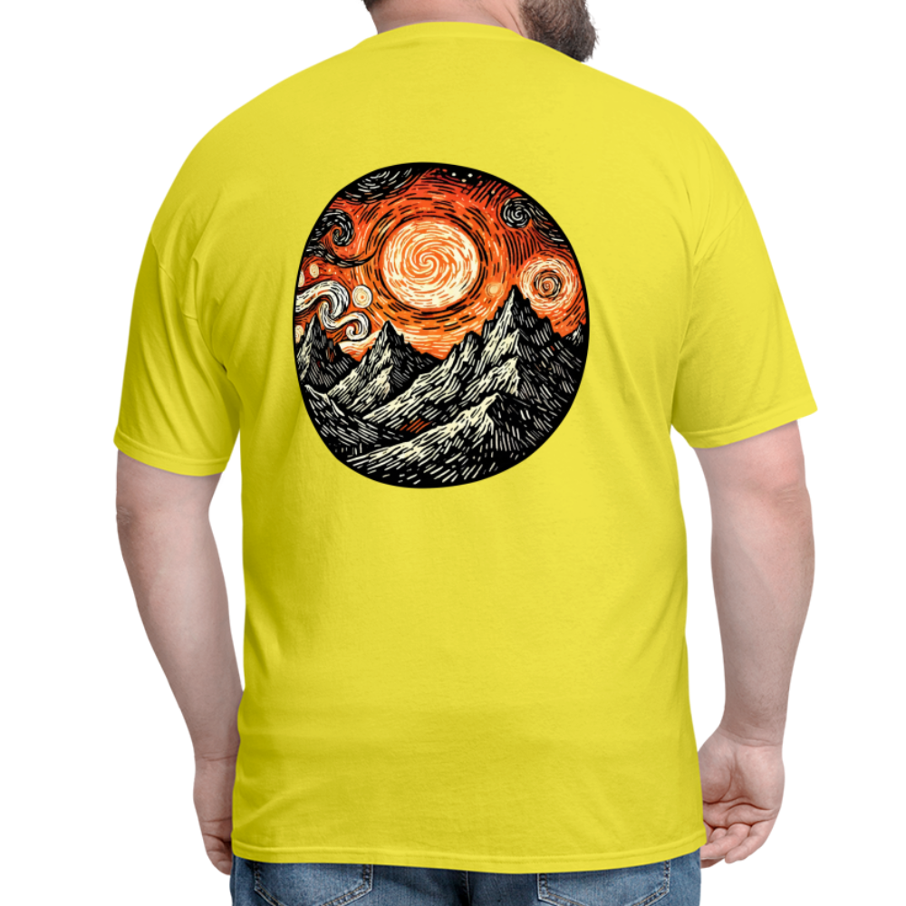 Orange Swirling Mountains Graphic Unisex Classic T-Shirt with Logo - yellow