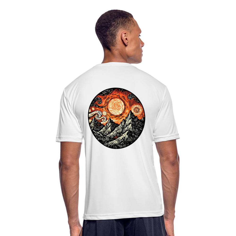 Men’s Orange Swirling Mountains Graphic Moisture Wicking Performance T-Shirt with Logo - white