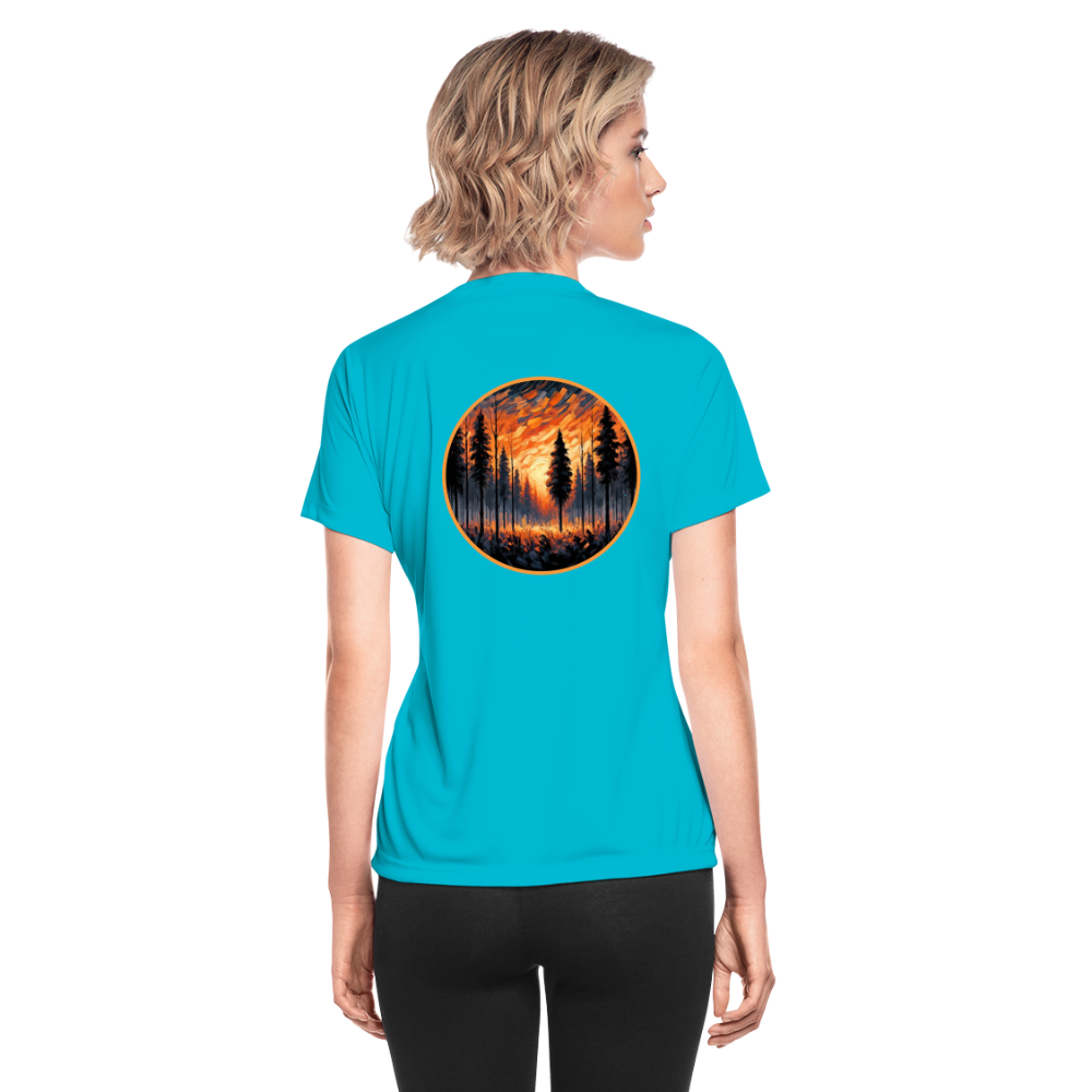 Women's Orange Forest Sunset Graphic Moisture Wicking Performance T-Shirt with Logo - turquoise