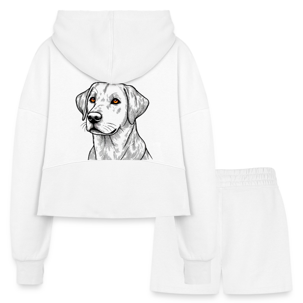 Women’s Fine Line Labrador Graphic Half Zip Cropped Hoodie & Jogger Short Set with Logo - white