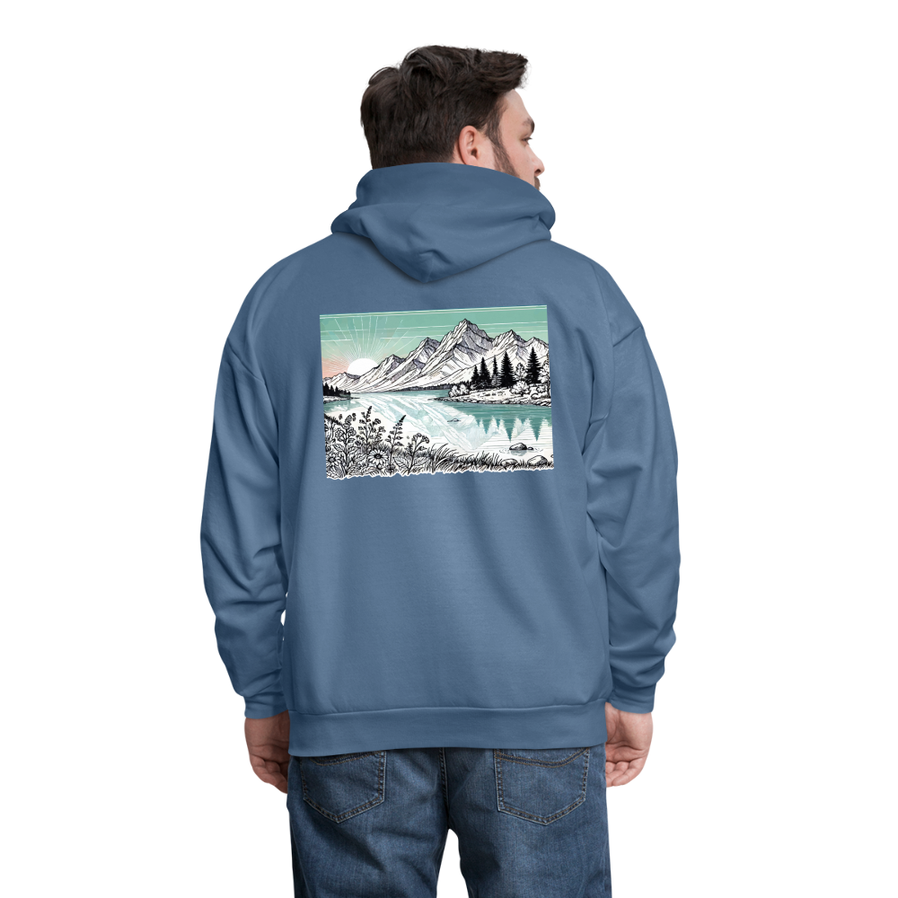 Men's Colored Mountain Lake Landscape Graphic Hoodie with Logo - denim blue