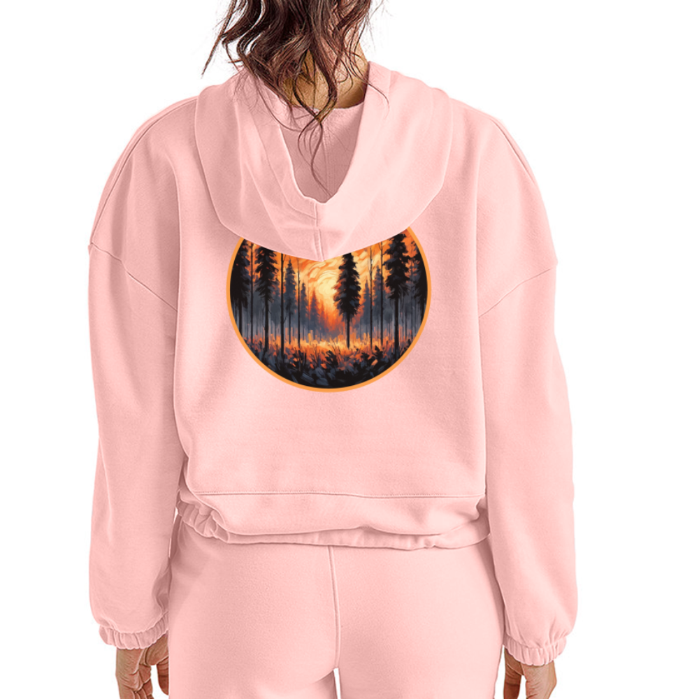 Women’s Orange Forest Sunset Graphic Cropped Hoodie with Logo - light pink