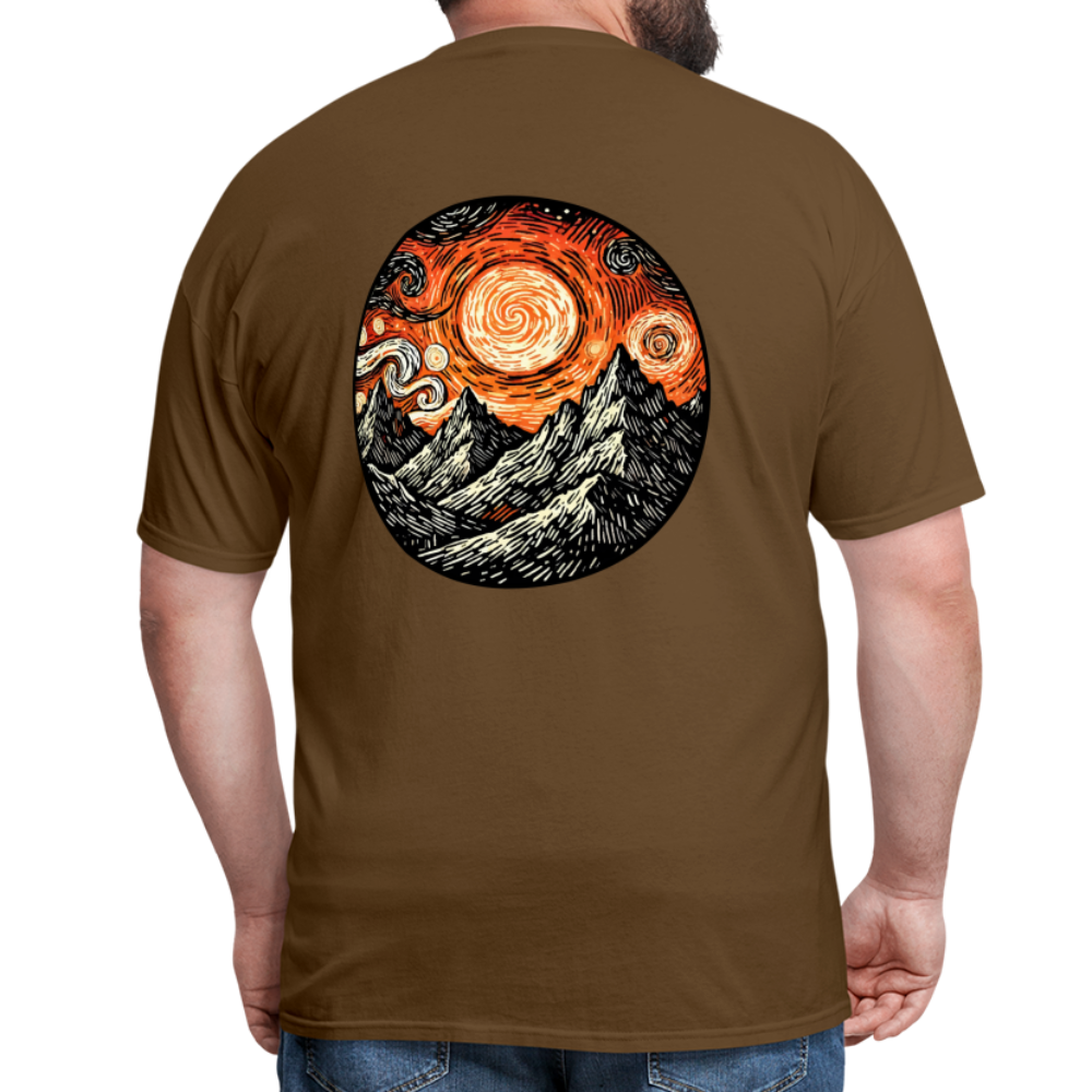 Orange Swirling Mountains Graphic Unisex Classic T-Shirt with Logo - brown