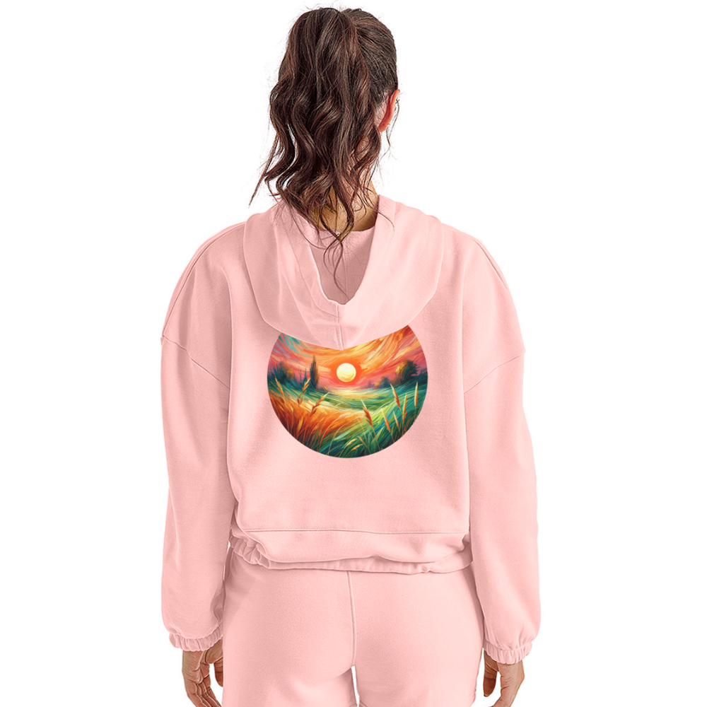 Women’s Pink Wheat Field Graphic Cropped Hoodie with Logo - light pink