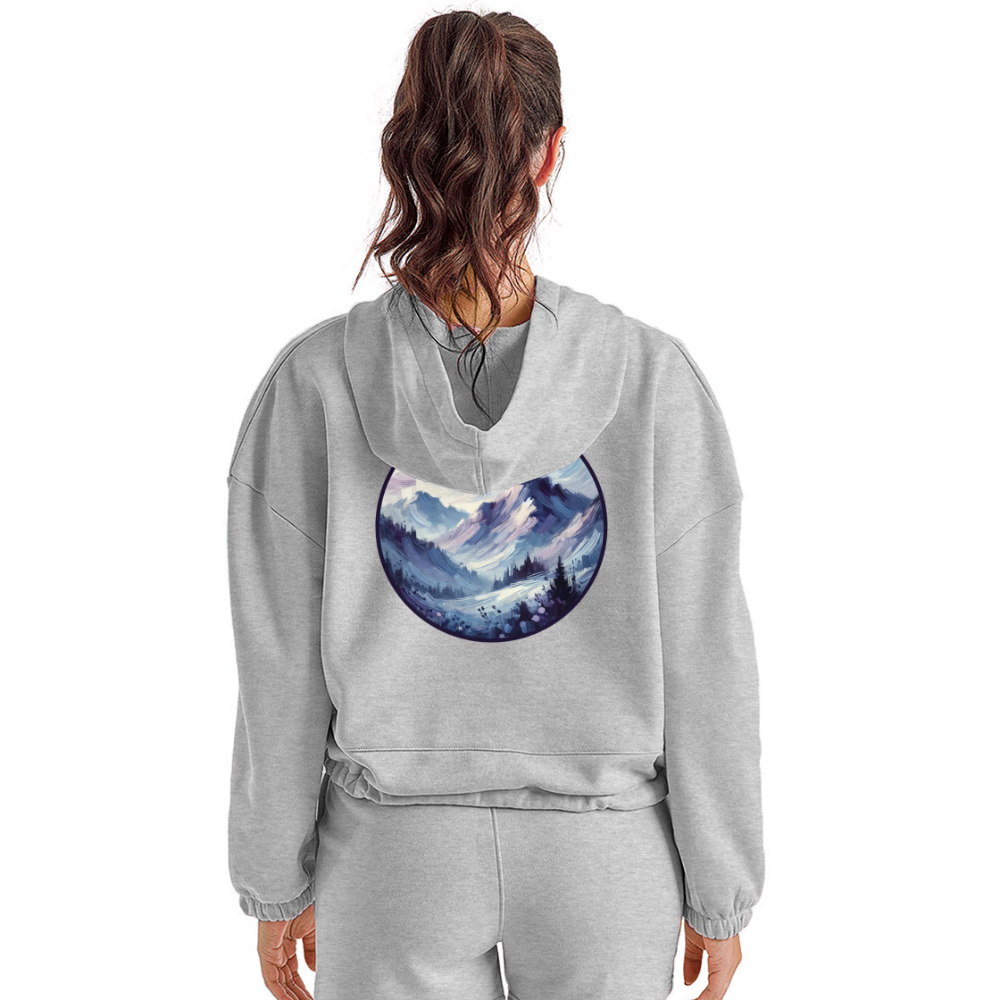 Women’s Lavender Blue Mountain Range Graphic Cropped Hoodie with Logo - heather gray