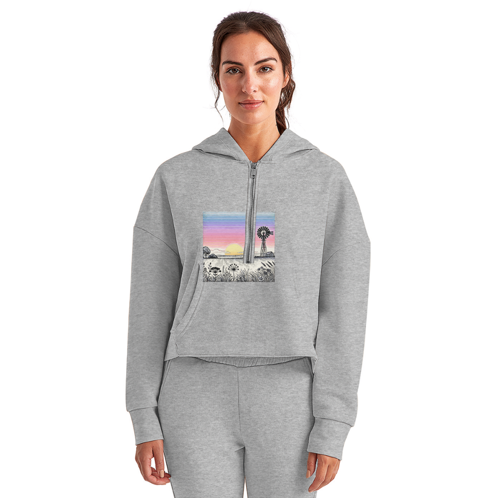 Women's Colored Prairie Landscape Graphic Half Zip Cropped Hoodie with Logo - heather gray