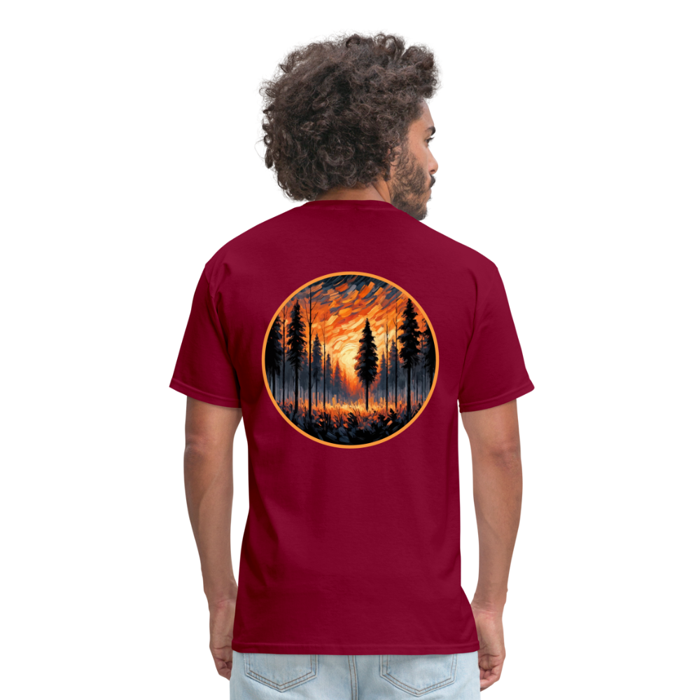 Orange Forest Sunset Unisex Classic T-Shirt with Logo - burgundy