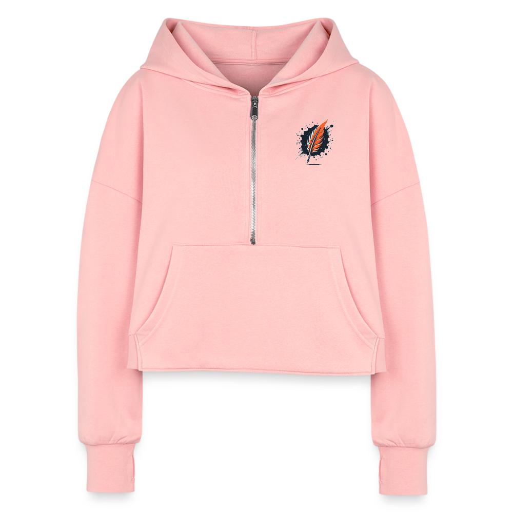 Women's Plain Half Zip Cropped Hoodie with Logo - light pink