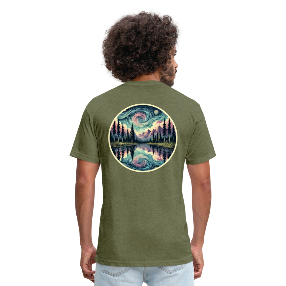 Purple Swirling Sky Reflected on Lake Graphic Unisex Fitted Cotton/Poly T-Shirt with Logo - heather military green