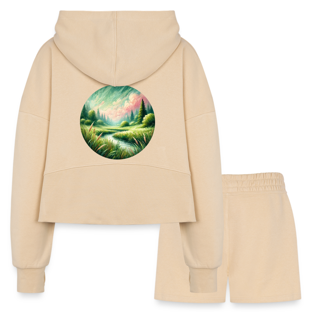 Women’s Meadow Graphic Half Zip Cropped Hoodie & Jogger Short Set with Logo - nude