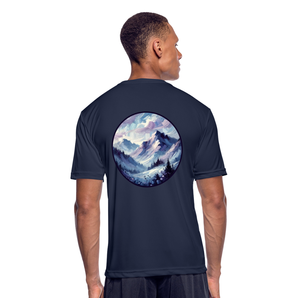 Men’s Lavender Blue Mountain Range Graphic Moisture Wicking Performance T-Shirt with Logo - navy