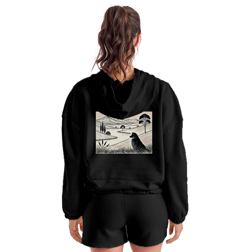 Women’s Australian Shepherd Prairie Graphic Cropped Hoodie with Logo - black