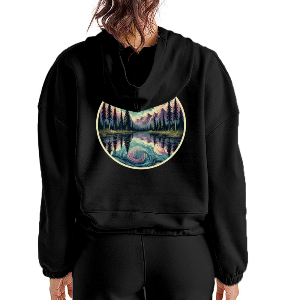 Women’s Purple Swirling Sky Reflected on Lake Graphic Cropped Hoodie with Logo - black