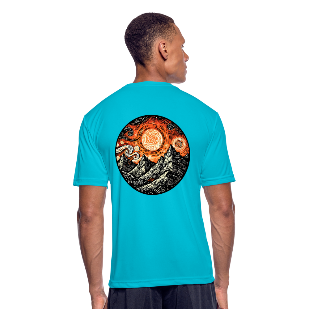 Men’s Orange Swirling Mountains Graphic Moisture Wicking Performance T-Shirt with Logo - turquoise