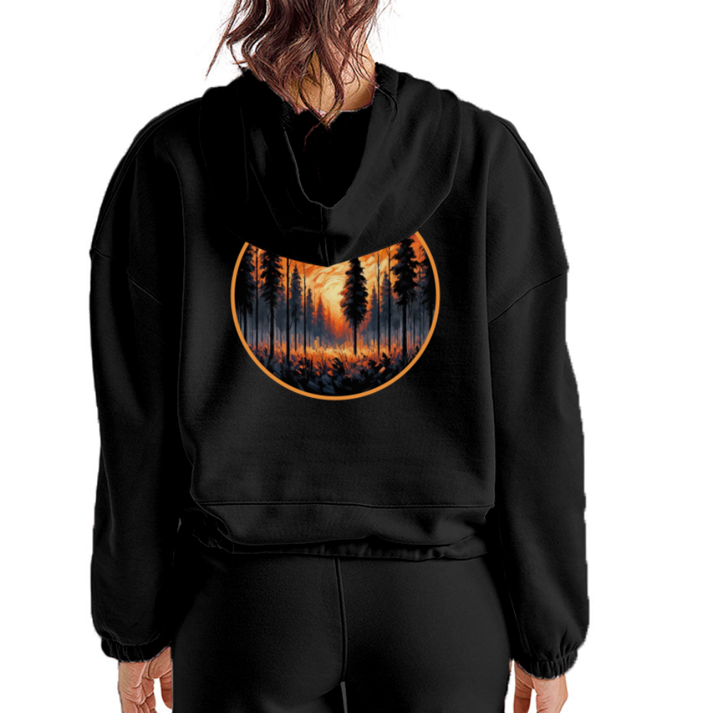 Women’s Orange Forest Sunset Graphic Cropped Hoodie with Logo - black