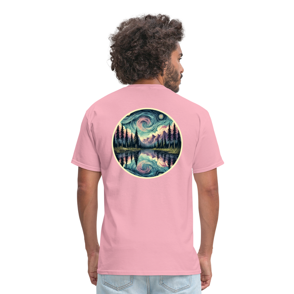 Purple Swirling Sky Reflected on Lake Graphic Unisex Classic T-Shirt with Logo - pink