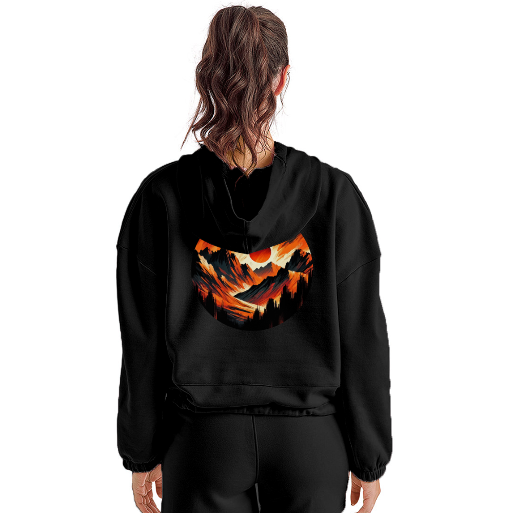 Women’s Orange and Black Mountain Range Graphic Cropped Hoodie with Logo - black