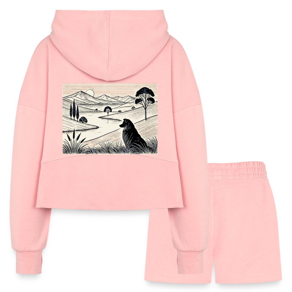 Women’s Australian Shepherd Prairie Graphic Half Zip Cropped Hoodie & Jogger Short Set with Logo - light pink