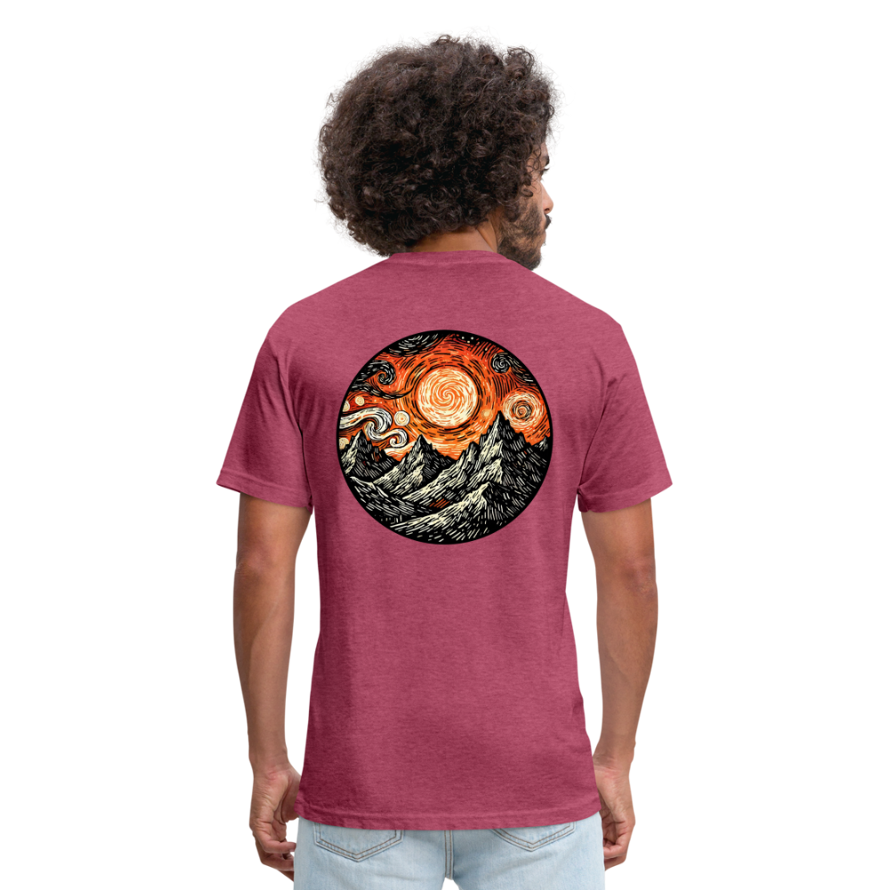 Orange Swirling Mountains Graphic Unisex Fitted Cotton/Poly T-Shirt with Logo - heather burgundy