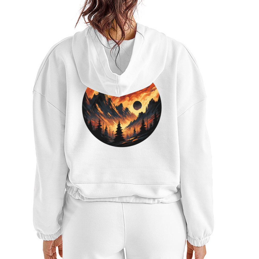 Women’s Brushed Orange and Black Mountain Range Graphic Cropped Hoodie with Logo - white