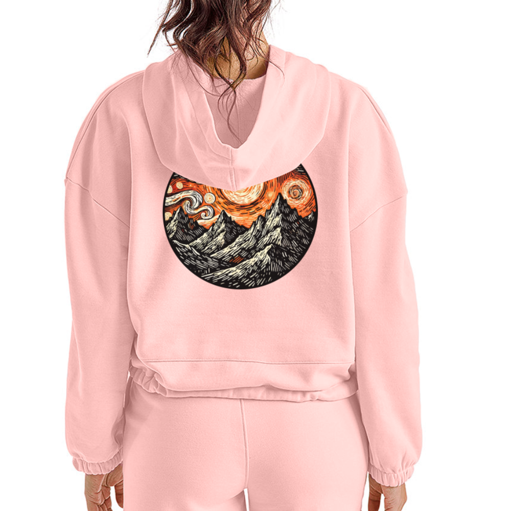 Women’s Orange Swirling Mountains Graphic Cropped Hoodie with Logo - light pink