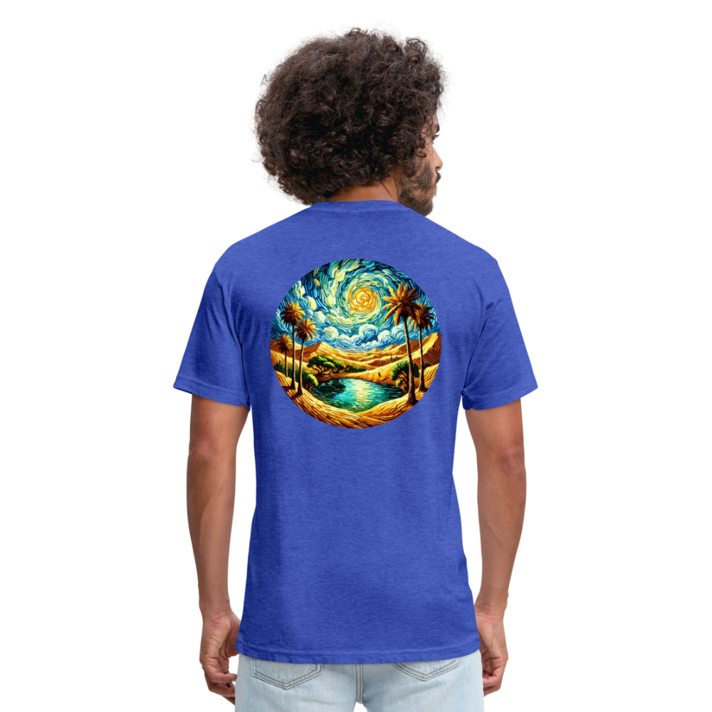 Desert Oasis Graphic Unisex Fitted Cotton/Poly T-Shirt with Logo - heather royal