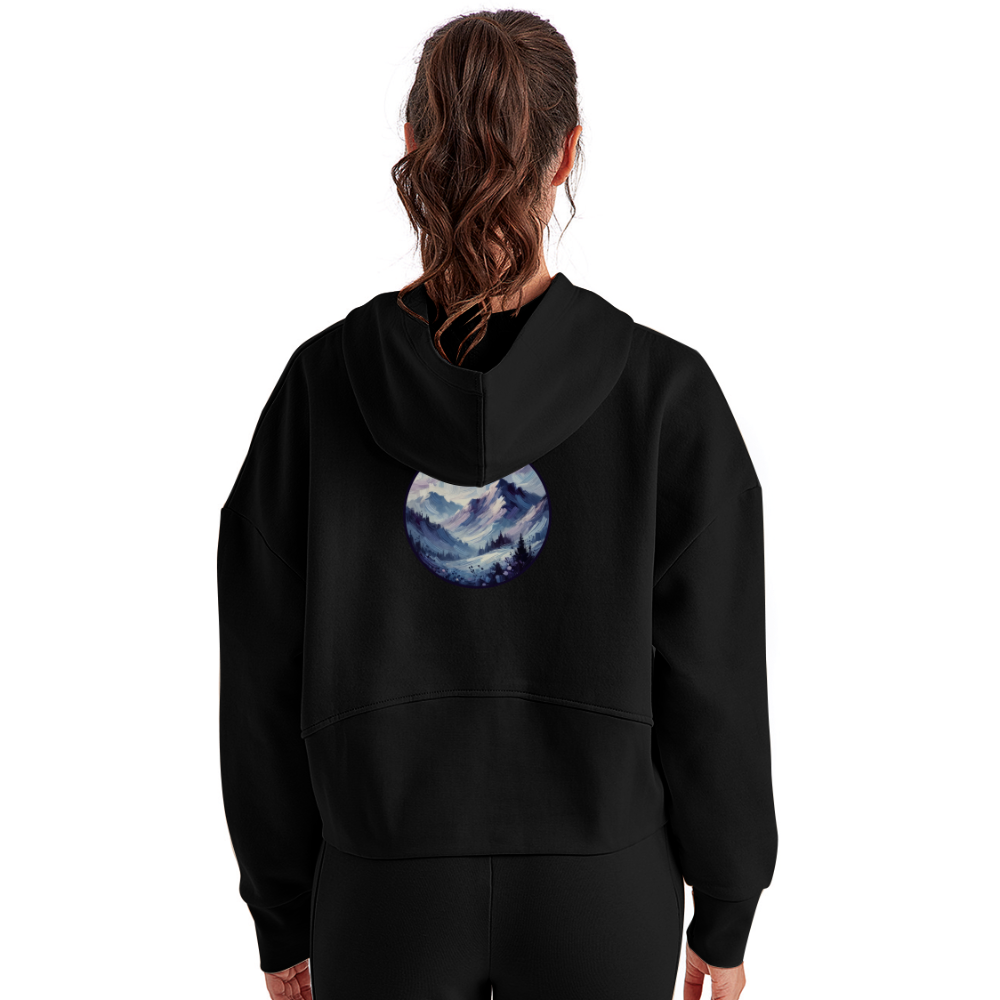 Women's Lavender Blue Mountain Range Graphic Half Zip Cropped Hoodie with Logo - black