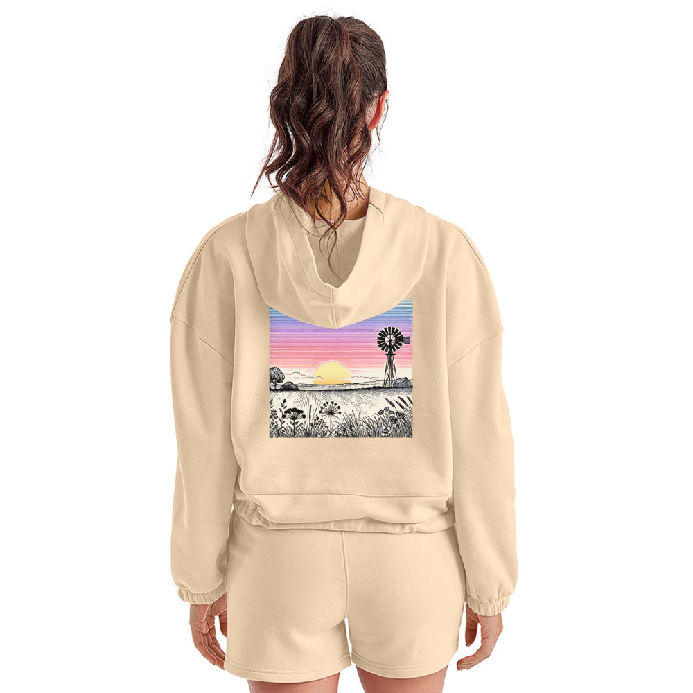 Women’s Colored Prairie Landscape Graphic Cropped Hoodie with Logo - nude