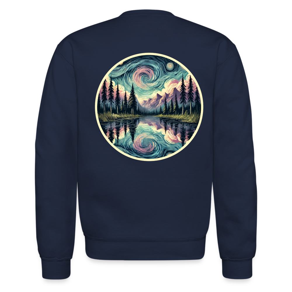 Purple Swirling Sky Reflected on Lake Graphic Crewneck Sweatshirt with Logo - navy