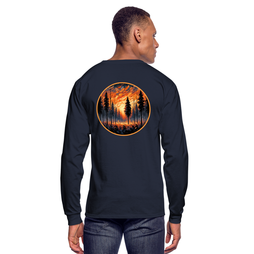 Men's Orange Forest Sunset Graphic Long Sleeve Shirt with Logo - navy