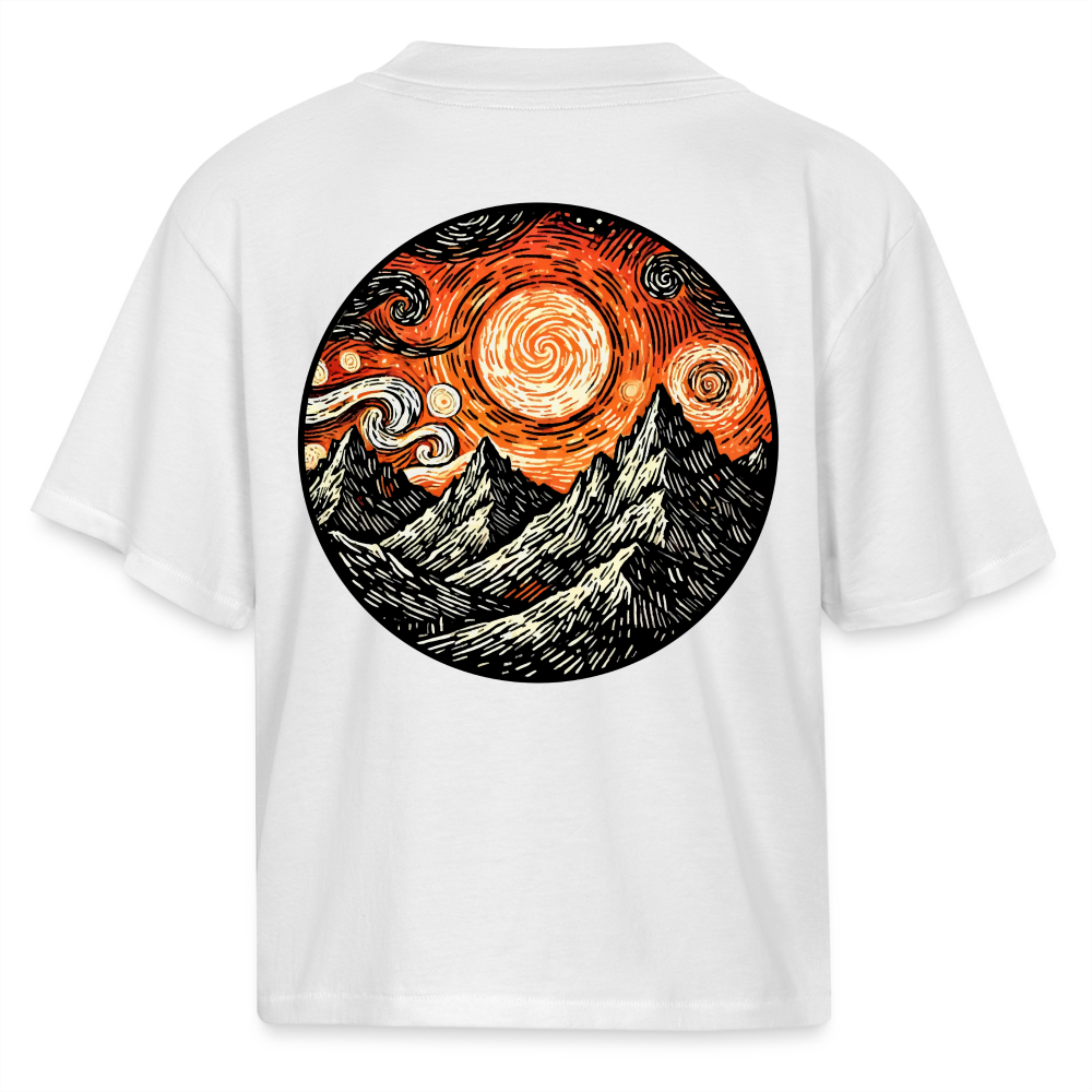 Women's Orange Swirling Mountains Graphic Boxy Tee with Logo - white